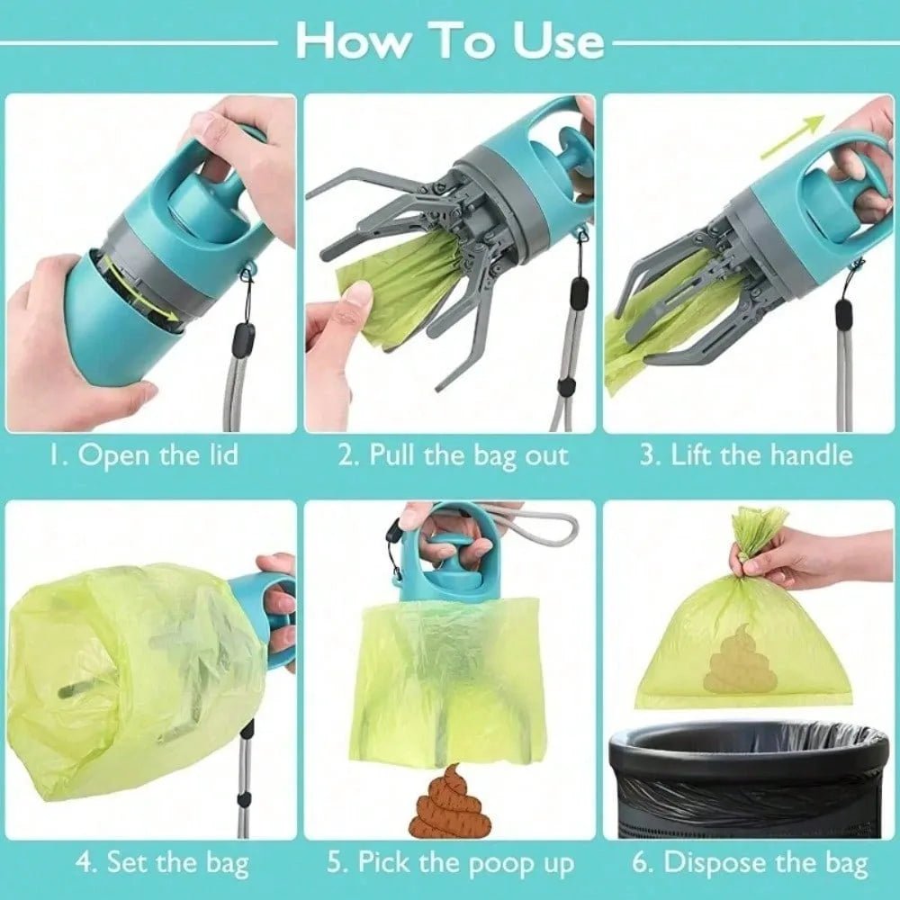 Portable Dog Pooper Scooper No Touch Claw Pickup Tool with Waste Bag Holder