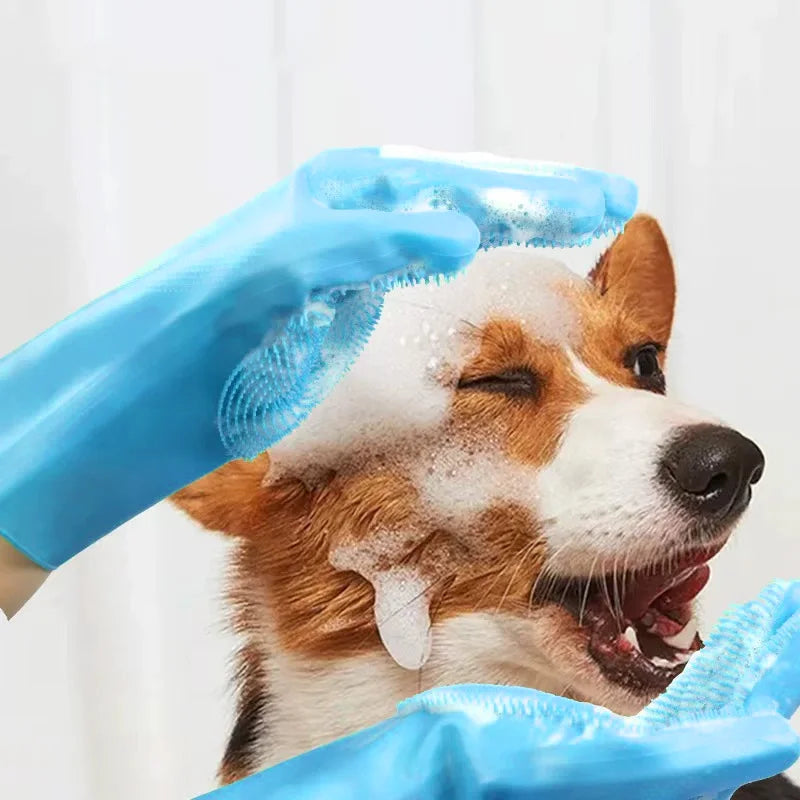 Pet Bathing Glove - Silicone Scrubber Mitt for Dogs & Cats (Blue/Pink)
