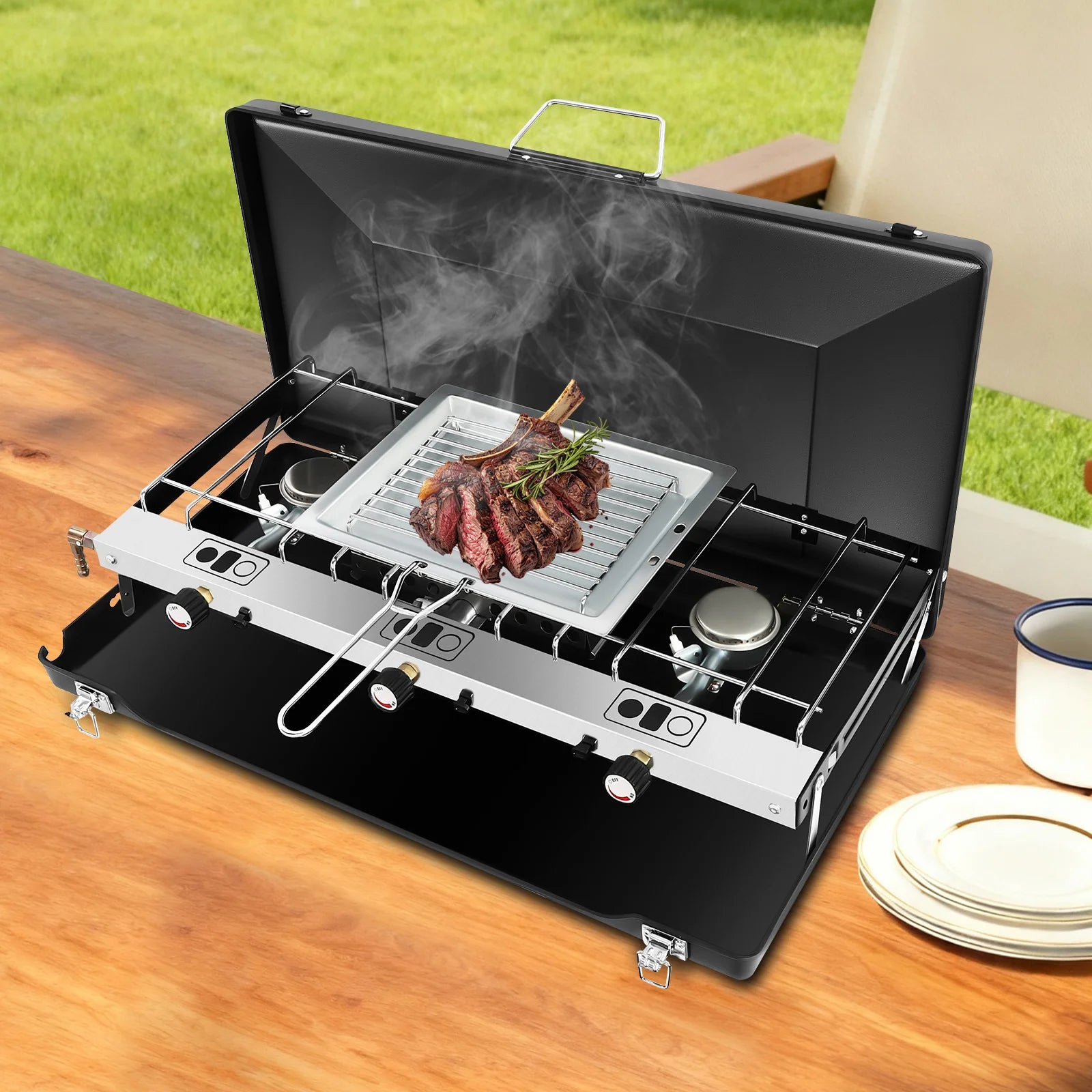 Portable Tabletop Rectangular Cold-rolled Sheet 3-Burner Gas Camping Cooking Stove Piezo Ignition for Outdoor Hiking