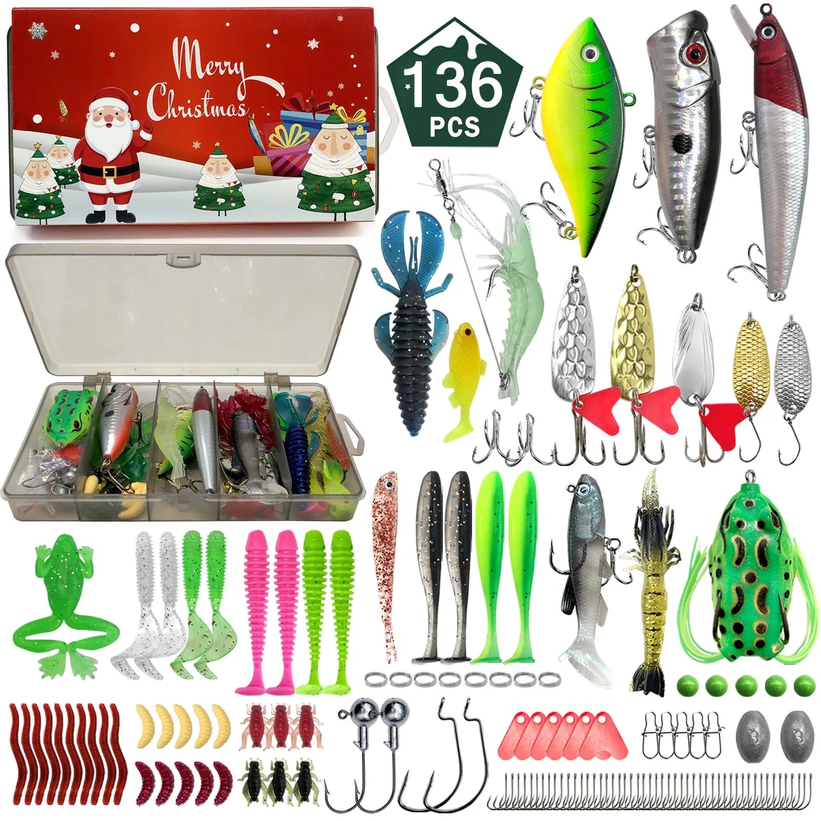 411/366/136/86Pcs of Christmas fishing lure set with storage box,