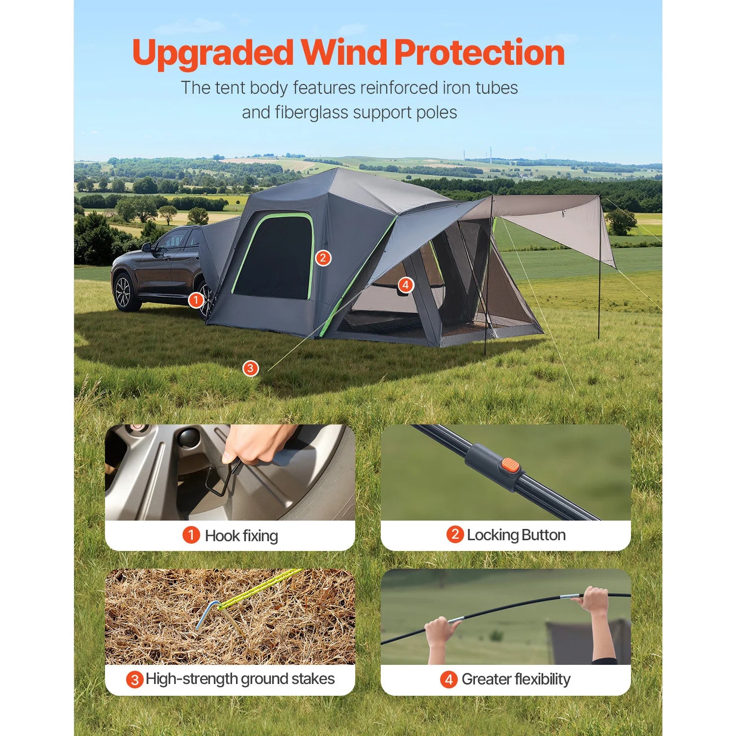 SUV Tent for Camping Waterproof Spacious Double Layer with Shade Awning , Mesh Windows