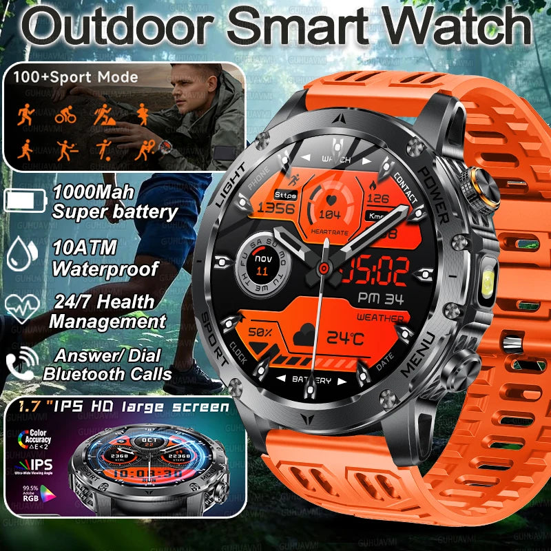 2026 New Military Smart Watch 1000Mah Battery Fitness Tracking 10ATM Waterproof Tactics Sport Flashlight call Bracelet For