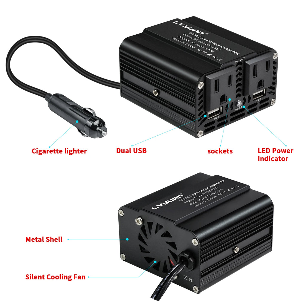 300W Car Power Inverter DC 12V To AC 110V 220V Dual USB Car Adapter