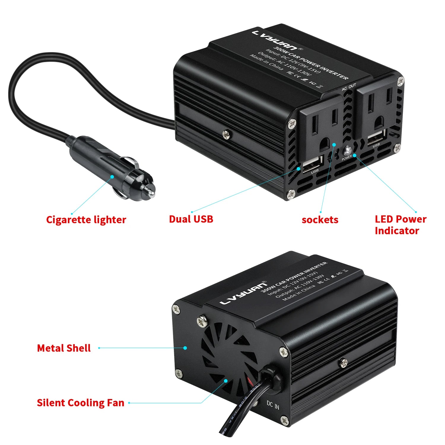 300W Car Power Inverter DC 12V To AC 110V 220V Dual USB Car Adapter