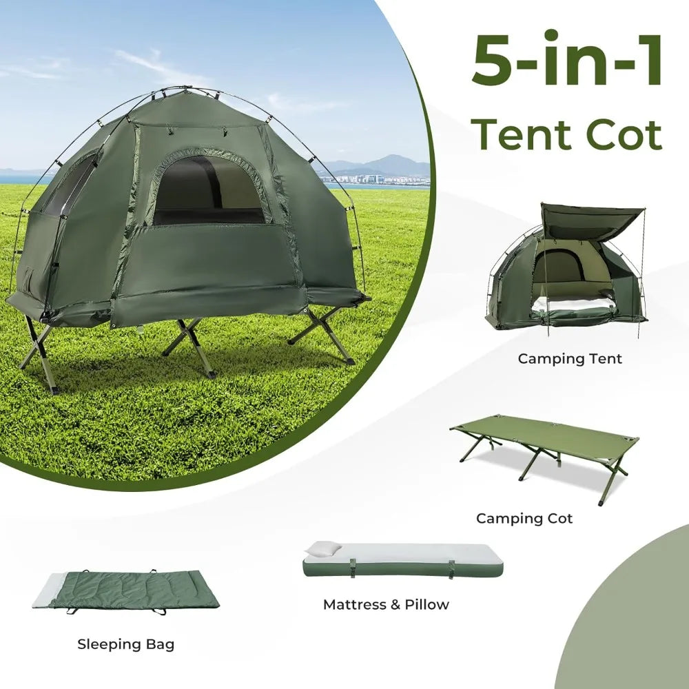 Raised Camping Cot - 5 in 1 Off Ground Elevated with Air Mattress, Sleeping Bag & Pillow,