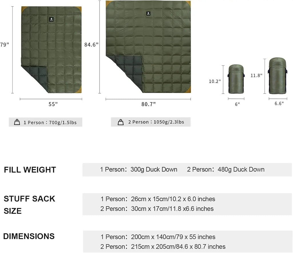 Puffy Outdoor Down Camping Blanket 2 Person -Warm, Lightweight,