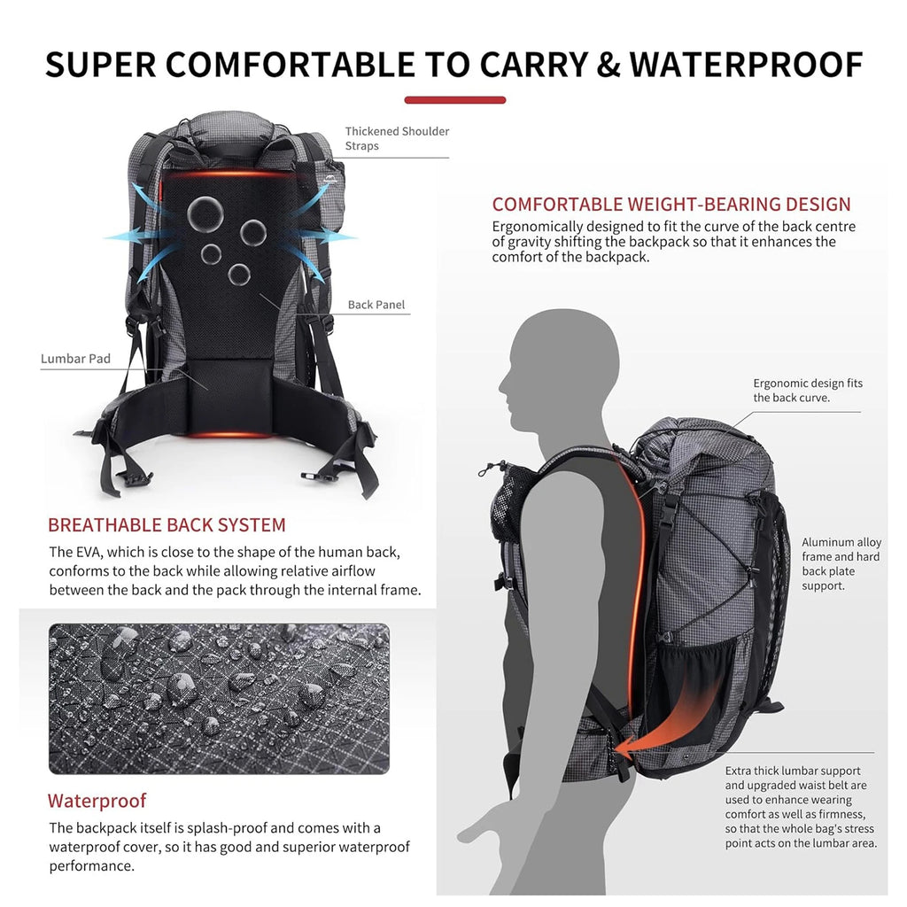 Outdoor Mountain Backpack 60+5L Waterproof High Capacity Climbing, Hiking Travel Bag With Rain Cover