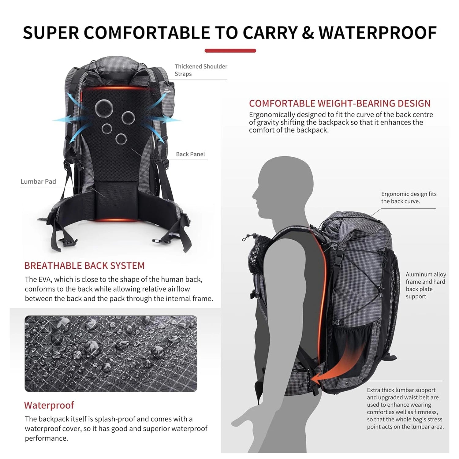 Outdoor Mountain Backpack 60+5L Waterproof High Capacity Climbing, Hiking Travel Bag With Rain Cover