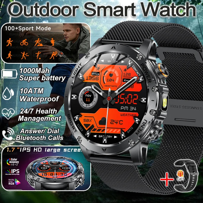 2026 New Military Smart Watch 1000Mah Battery Fitness Tracking 10ATM Waterproof Tactics Sport Flashlight call Bracelet For
