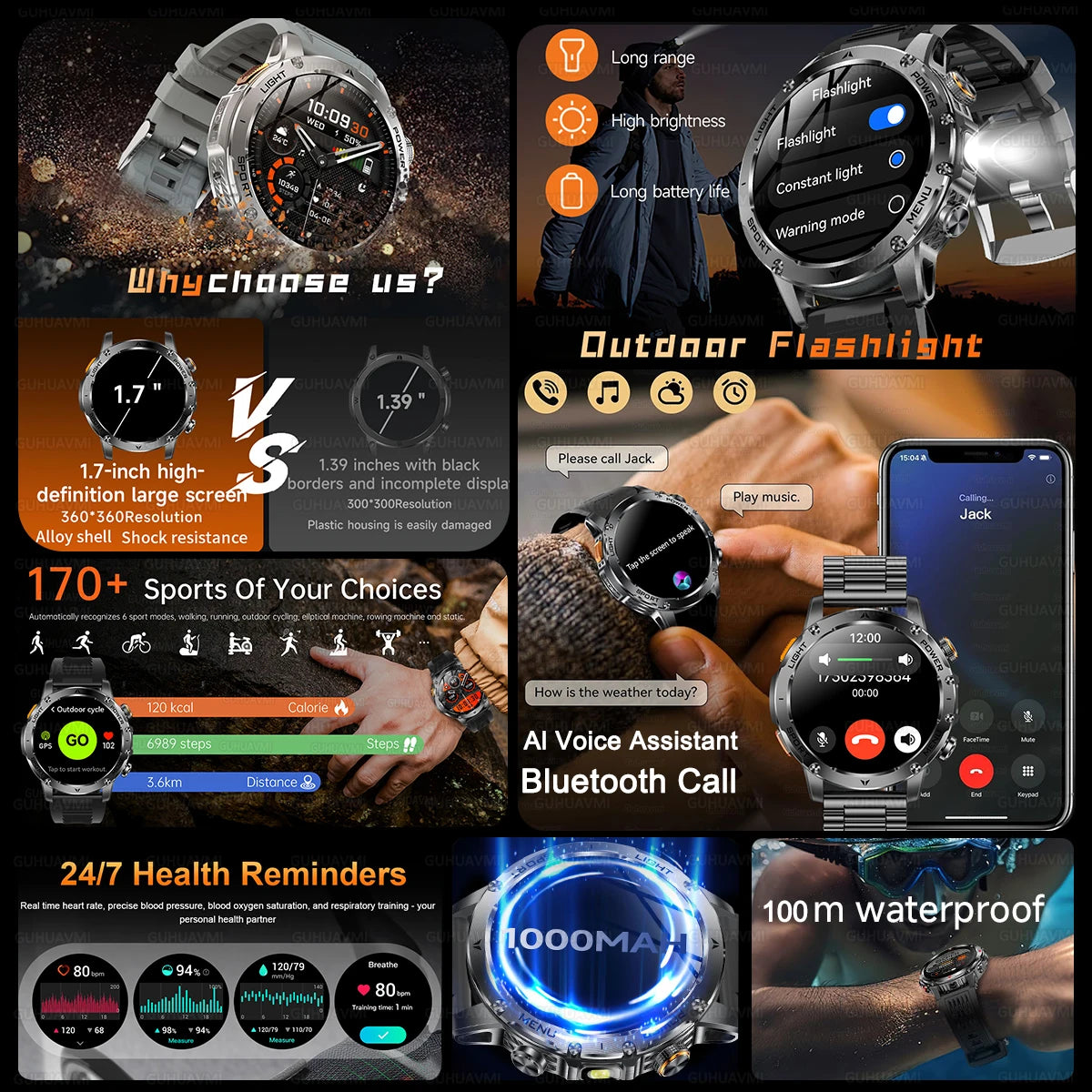 2026 New Military Smart Watch 1000Mah Battery Fitness Tracking 10ATM Waterproof Tactics Sport Flashlight call Bracelet For