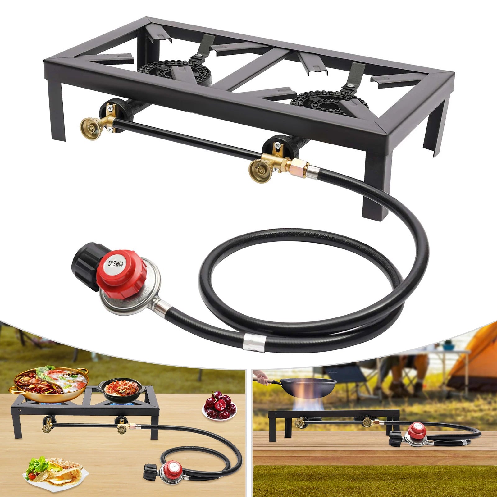 Portable Double Burner Outdoor Gas Stove Propane Cooker with Adjustable 0-10Psi Regulator Hose for Patio Camping,