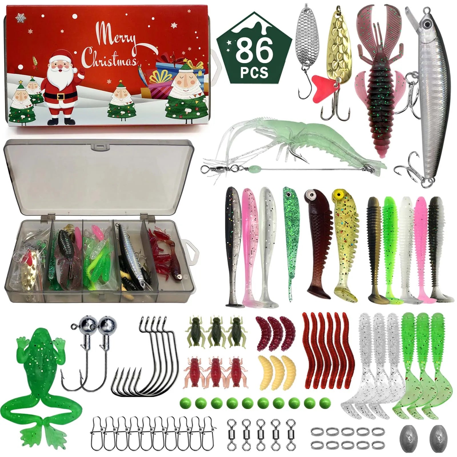 411/366/136/86Pcs of Christmas fishing lure set with storage box,