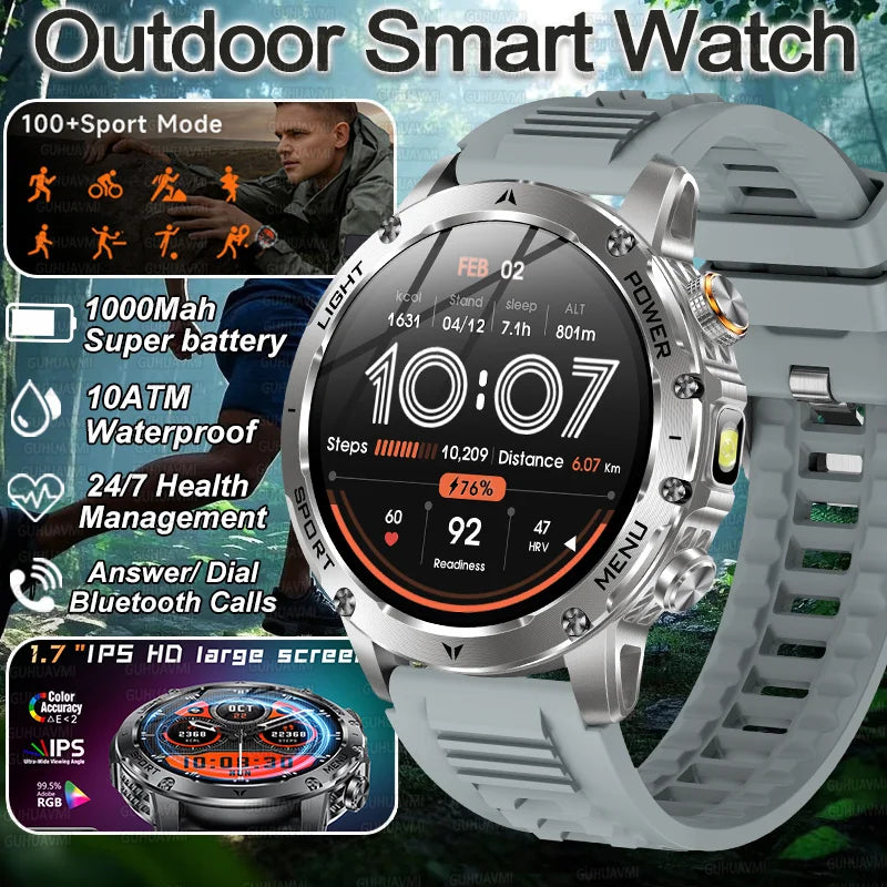 2026 New Military Smart Watch 1000Mah Battery Fitness Tracking 10ATM Waterproof Tactics Sport Flashlight call Bracelet For
