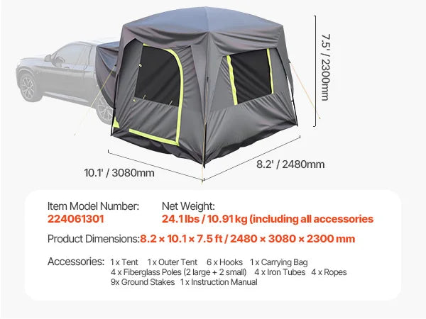 SUV Tent for Camping Waterproof Spacious Double Layer with Shade Awning , Mesh Windows