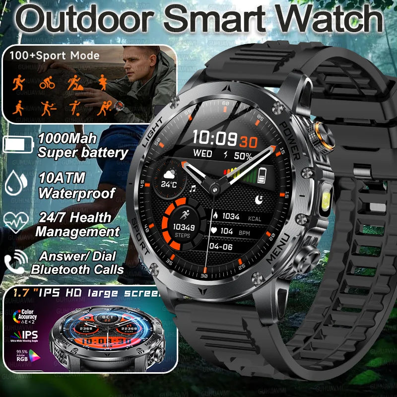 2026 New Military Smart Watch 1000Mah Battery Fitness Tracking 10ATM Waterproof Tactics Sport Flashlight call Bracelet For