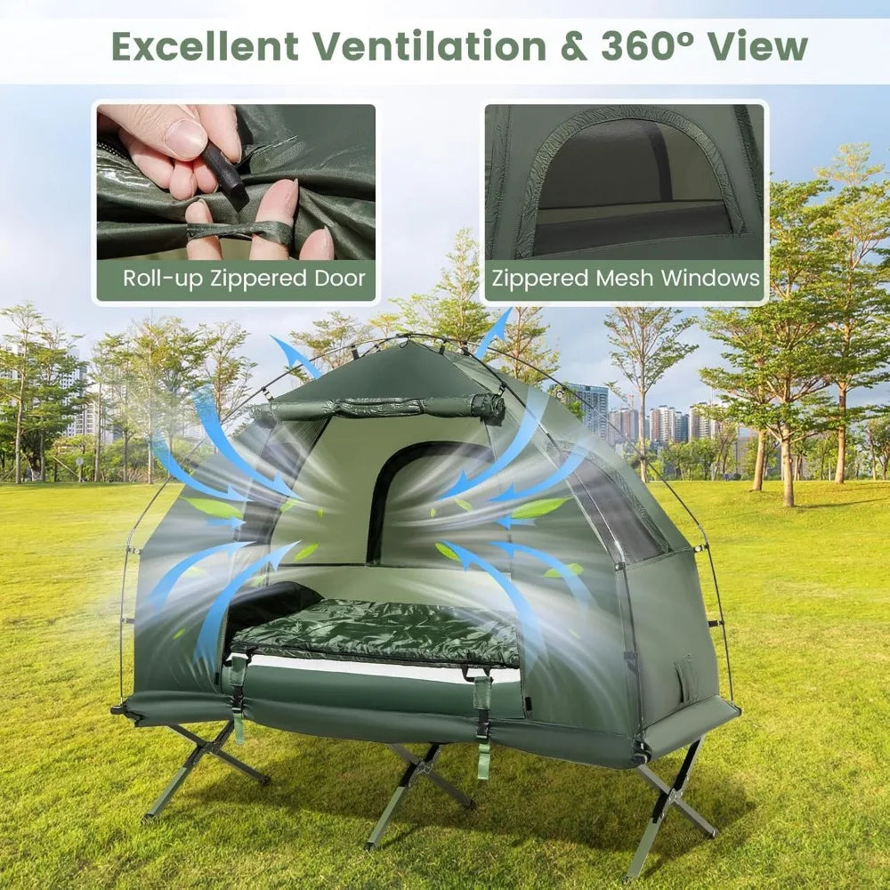 Raised Camping Cot - 5 in 1 Off Ground Elevated with Air Mattress, Sleeping Bag & Pillow,