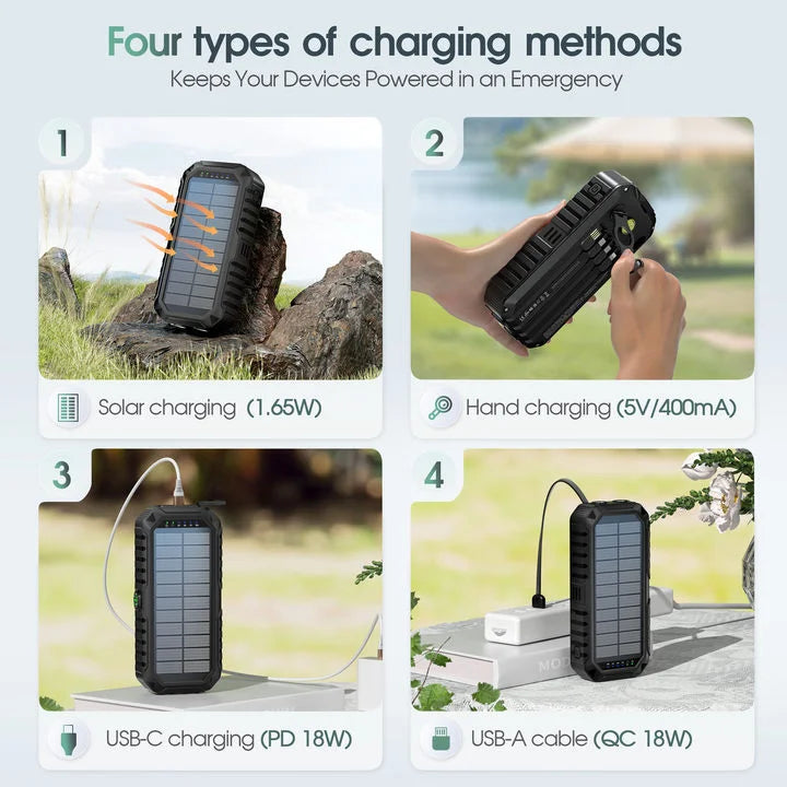 40,000mAh Solar Power Bank with Hand Crank & 4 Cables,Dual UsB/Type-C Fast Charging,