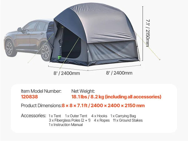 SUV Tent for Camping Waterproof Spacious Double Layer with Shade Awning , Mesh Windows