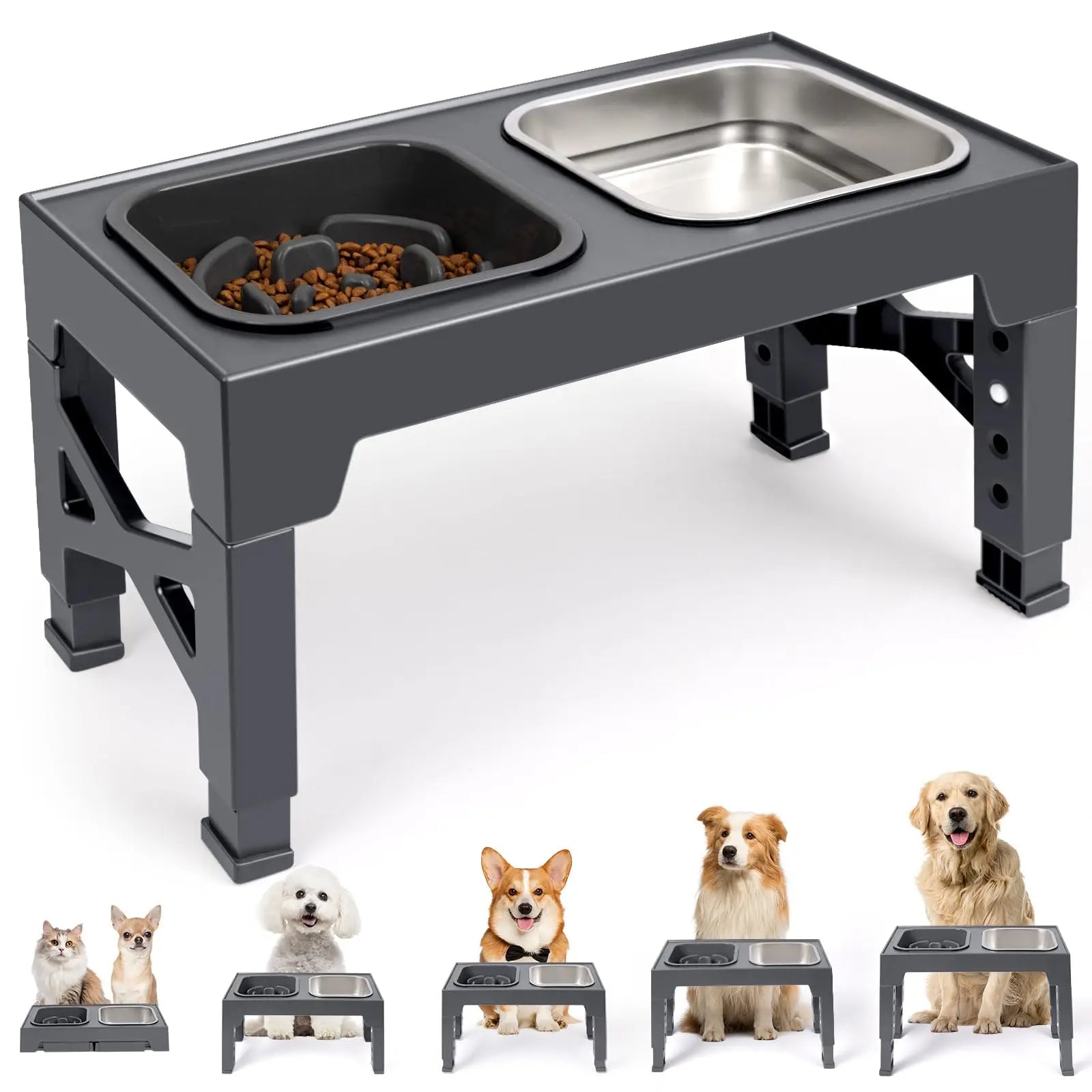 2-in-1 Elevated Slow Feeder Dog Bowls, Non-Slip Stainless Steel/Plastic