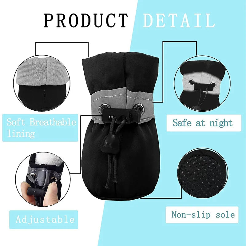 4Pcs Dog Boots Waterproof Non-slip Sole with Reflective Strip Adjustable Drawstring