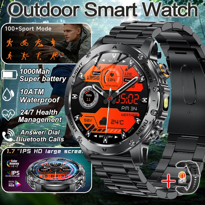 2026 New Military Smart Watch 1000Mah Battery Fitness Tracking 10ATM Waterproof Tactics Sport Flashlight call Bracelet For