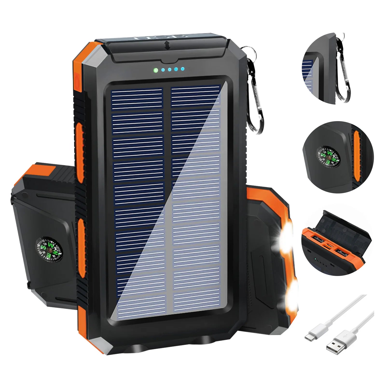 20000mAh Solar Power Bank Portable Solar Charger Waterproof Dual 5V USB Ports 2 LED Lights