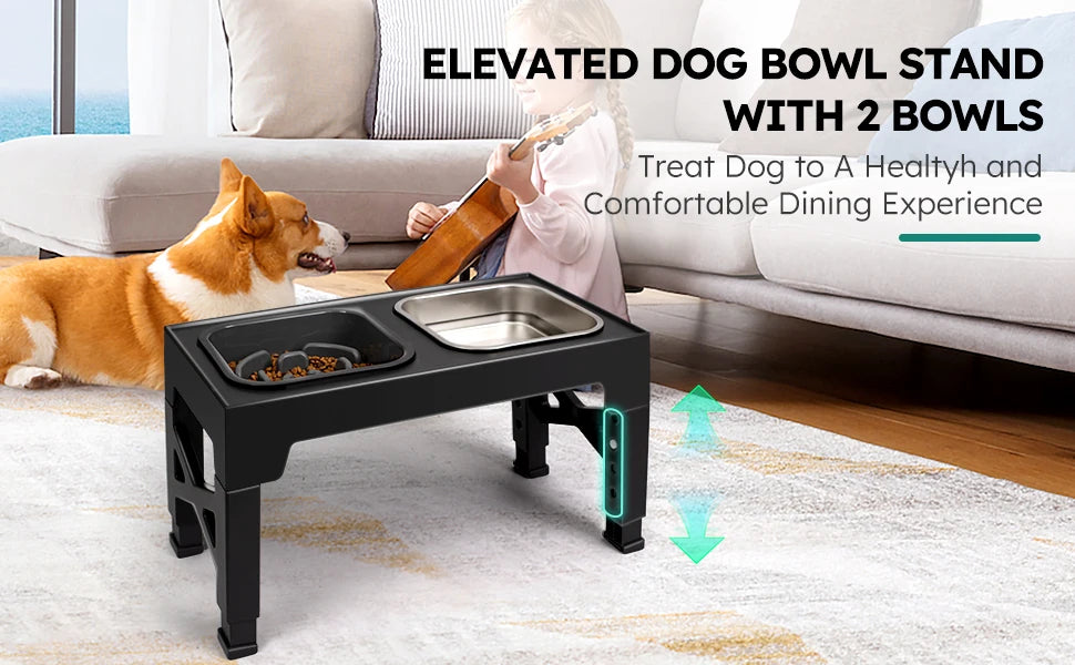 2-in-1 Elevated Slow Feeder Dog Bowls, Non-Slip Stainless Steel/Plastic