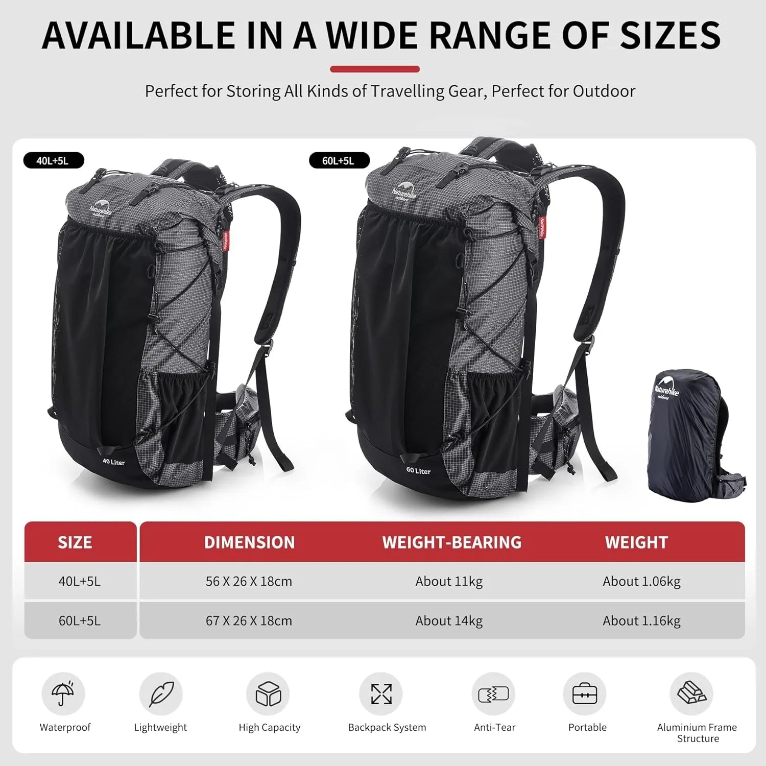 Outdoor Mountain Backpack 60+5L Waterproof High Capacity Climbing, Hiking Travel Bag With Rain Cover