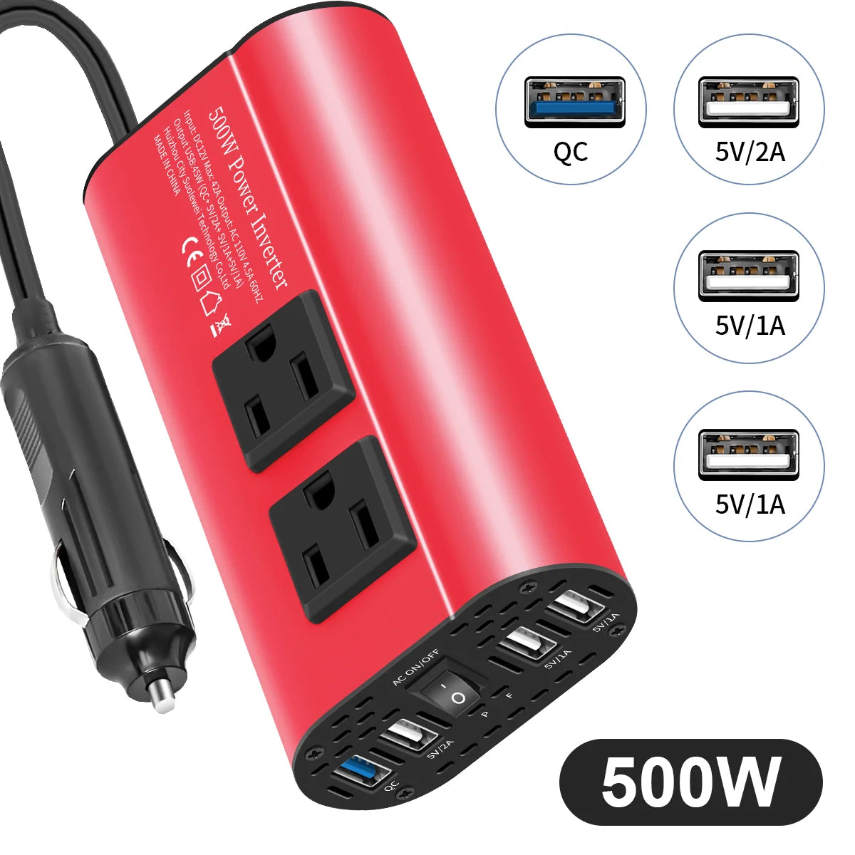 500W Double receptacle 4USB  Modified Frequency Inverter DC12V To AC 110V Ports Car Adapter Portable Inverter
