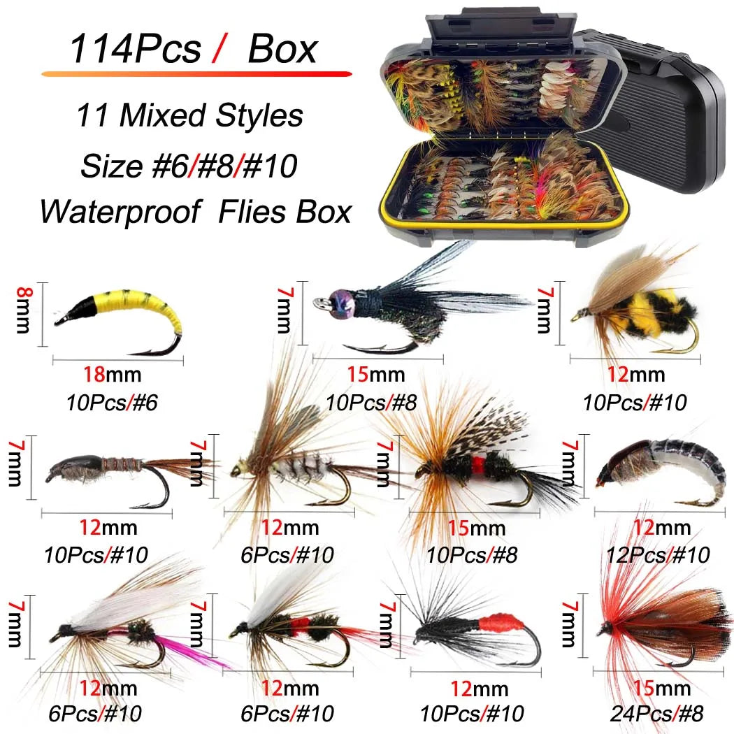 24/40/84/114pcs with Dry/Wet Flies Fly Fishing Flies Kit Fly Assortment Trout Bass Fishing with Fly Box