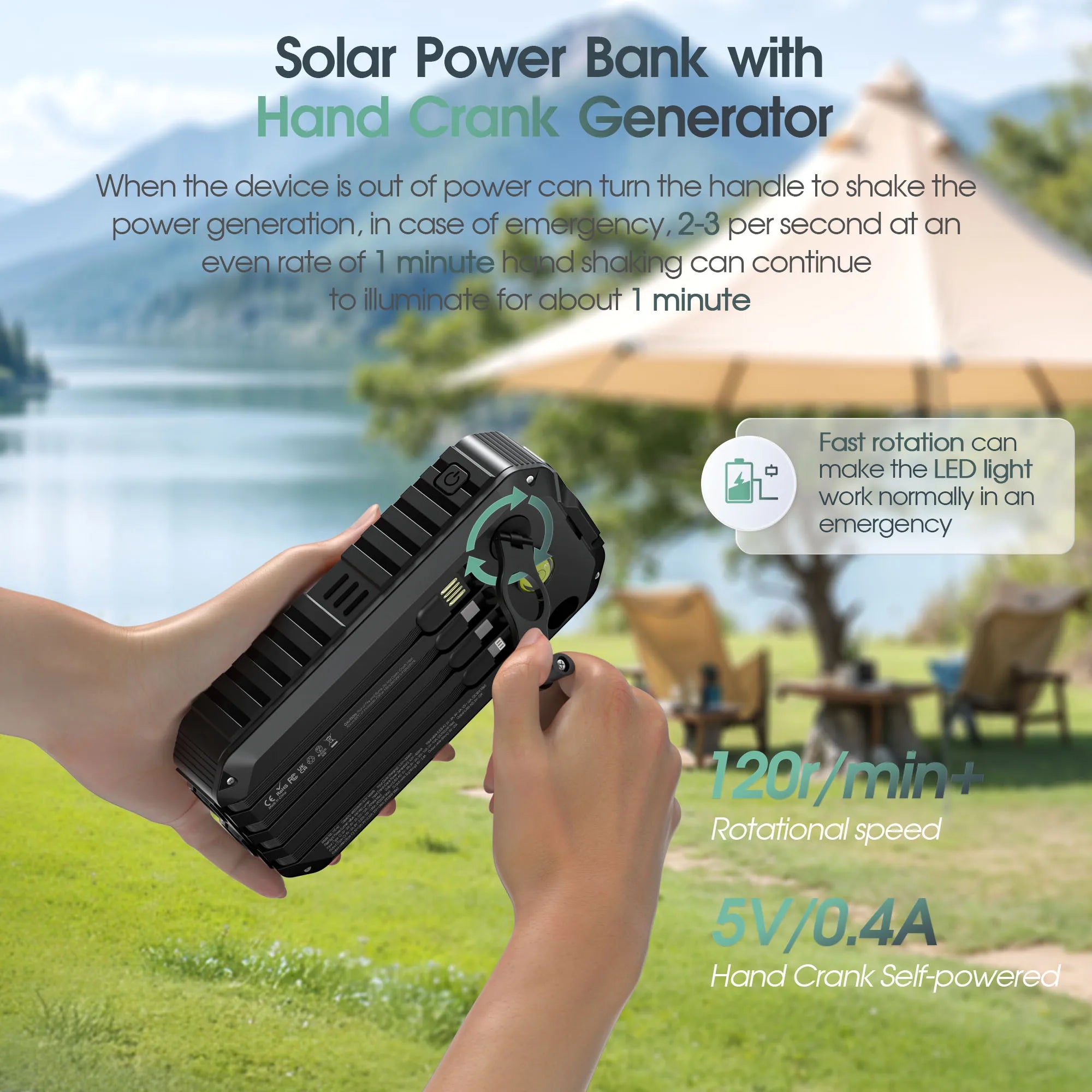 40,000mAh Solar Power Bank with Hand Crank & 4 Cables,Dual UsB/Type-C Fast Charging,