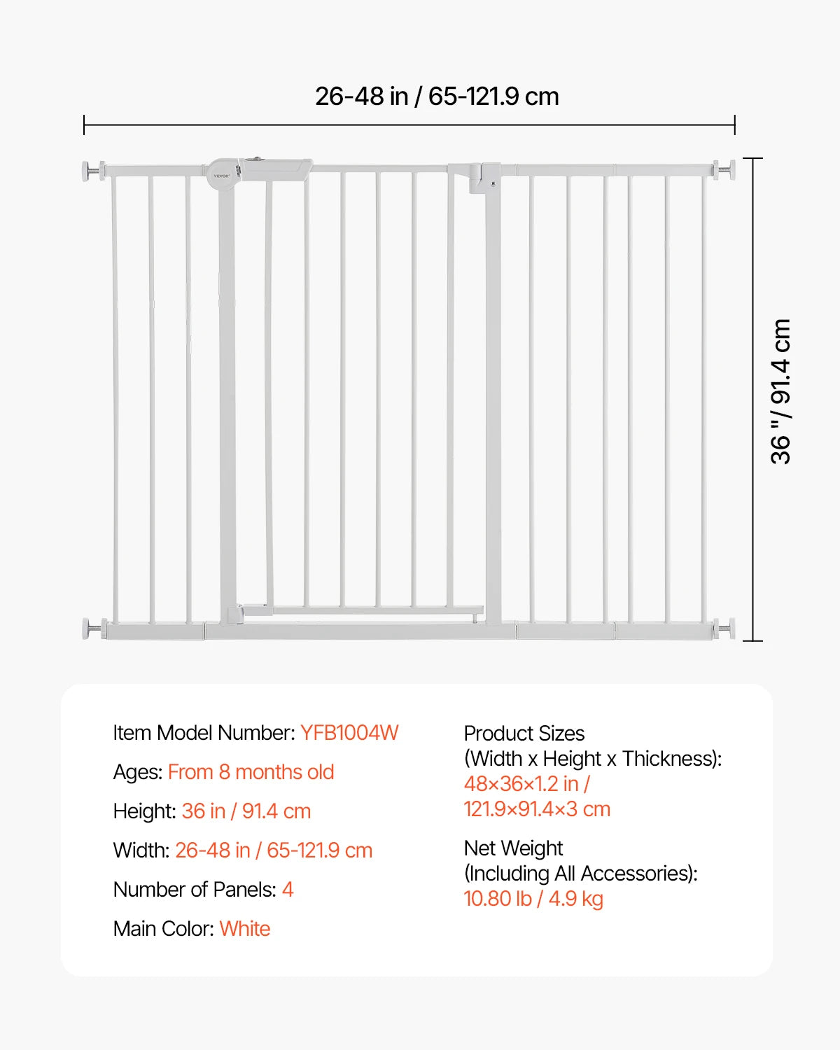 28/30/36 Inches High Dog Gate Easy Step Walk Thru Child Pet Security Pressure Mount Kit Wall Cups