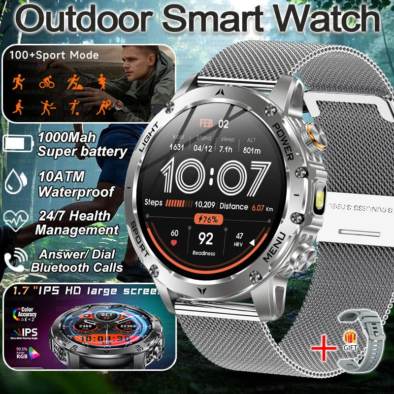 2026 New Military Smart Watch 1000Mah Battery Fitness Tracking 10ATM Waterproof Tactics Sport Flashlight call Bracelet For