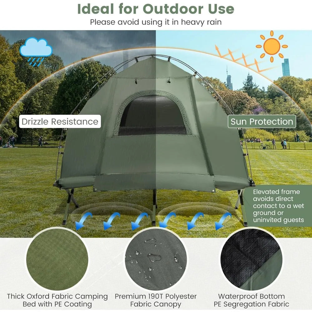 Raised Camping Cot - 5 in 1 Off Ground Elevated with Air Mattress, Sleeping Bag & Pillow,