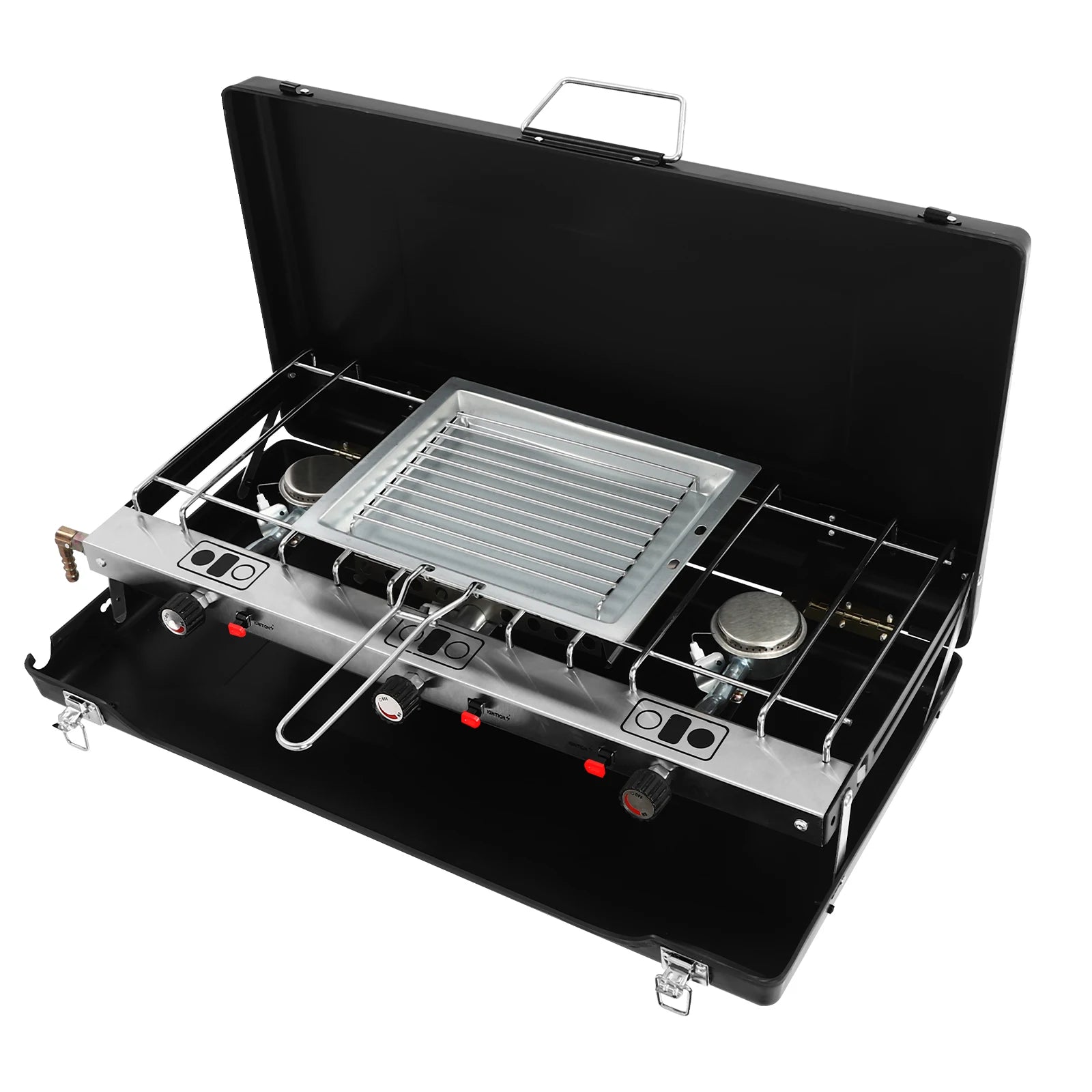 Portable Tabletop Rectangular Cold-rolled Sheet 3-Burner Gas Camping Cooking Stove Piezo Ignition for Outdoor Hiking