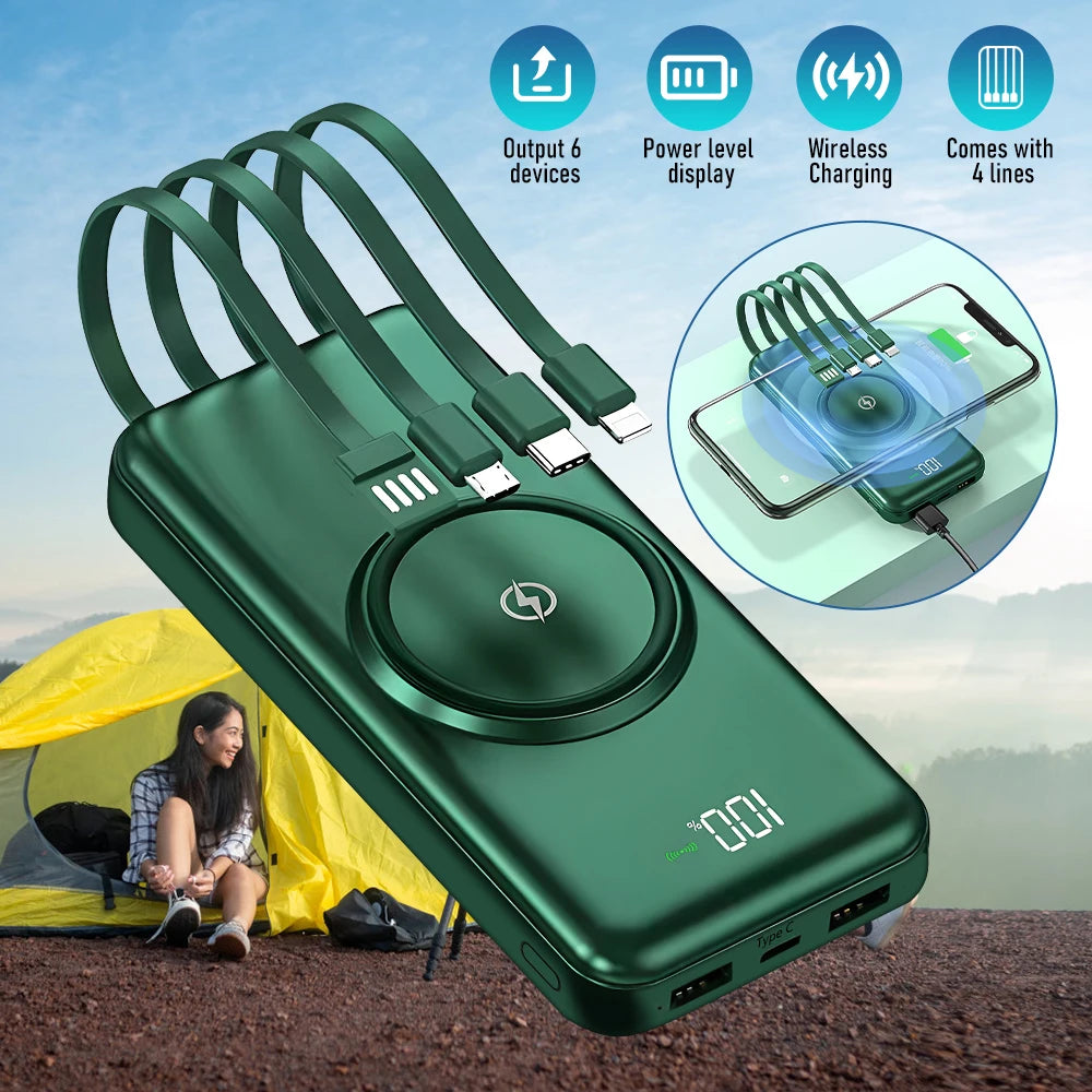 20000mAh Wireless Power Bank Fast Charging Built-in Quad Power Cable Mobile Phone Charger For Iphone 13 14 15 Xiaomi Samsung