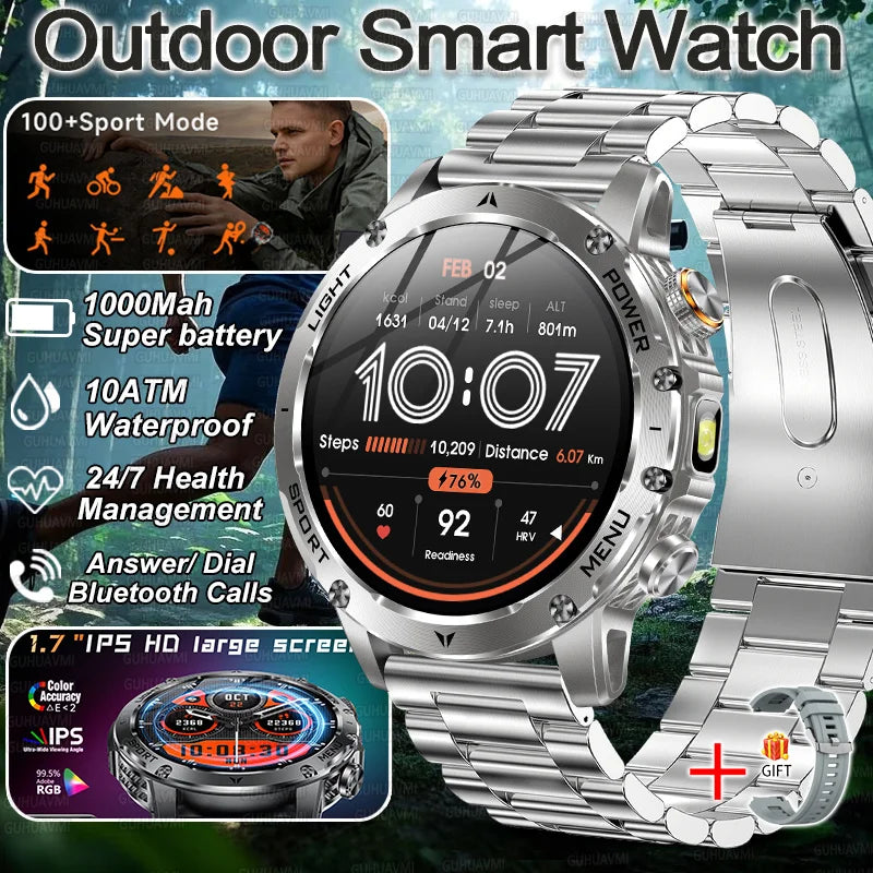 2026 New Military Smart Watch 1000Mah Battery Fitness Tracking 10ATM Waterproof Tactics Sport Flashlight call Bracelet For