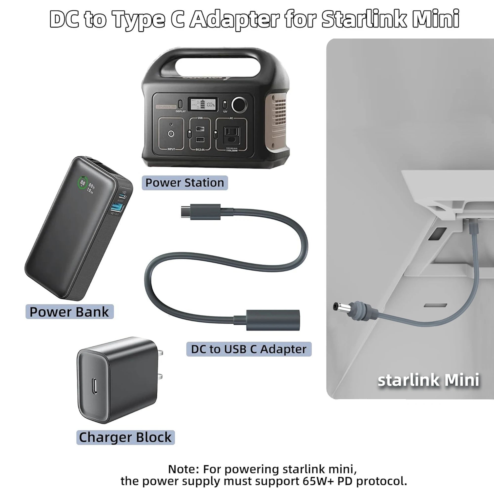For Starlink Mini DC to Type C Adapter 22CM Waterproof Power Converter Hole Extender USB C Power Cable 65W+ PD Source