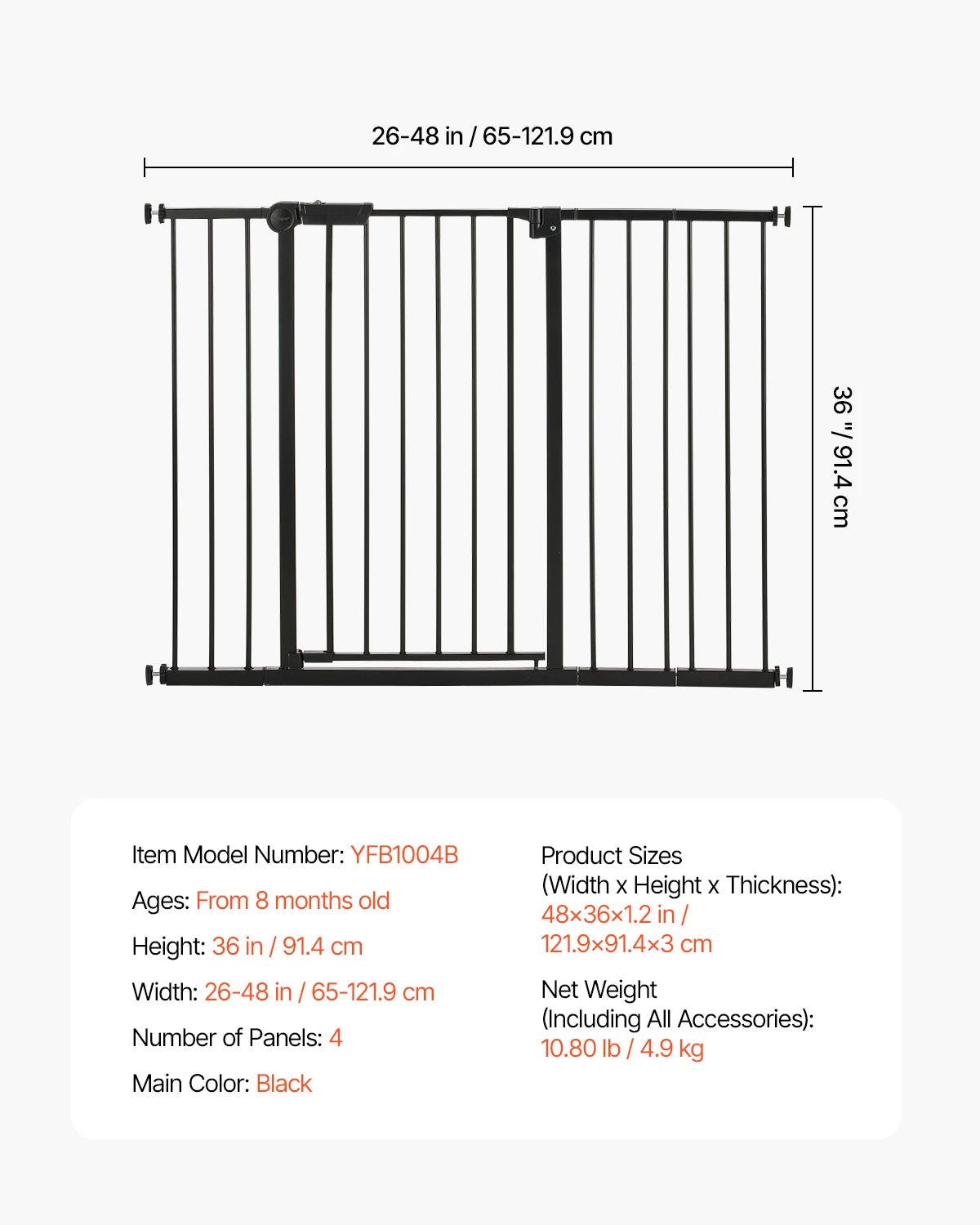 28/30/36 Inches High Dog Gate Easy Step Walk Thru Child Pet Security Pressure Mount Kit Wall Cups