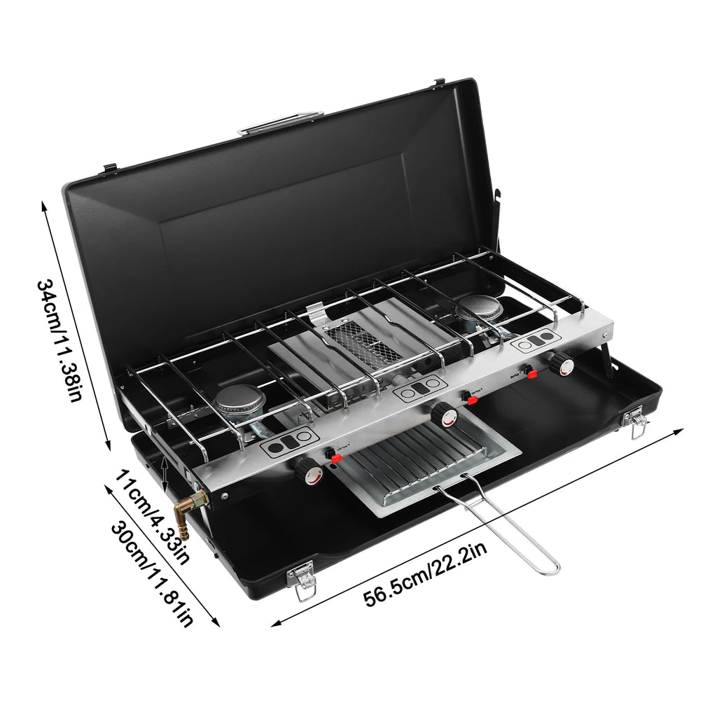 Portable Tabletop Rectangular Cold-rolled Sheet 3-Burner Gas Camping Cooking Stove Piezo Ignition for Outdoor Hiking