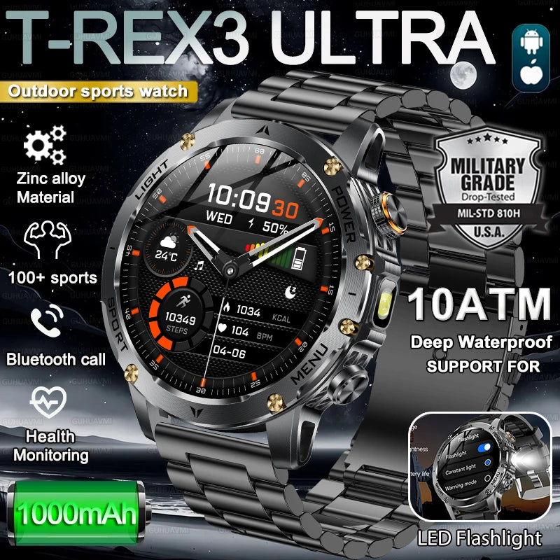 2026 New Military Smart Watch 1000Mah Battery Fitness Tracking 10ATM Waterproof Tactics Sport Flashlight call Bracelet For
