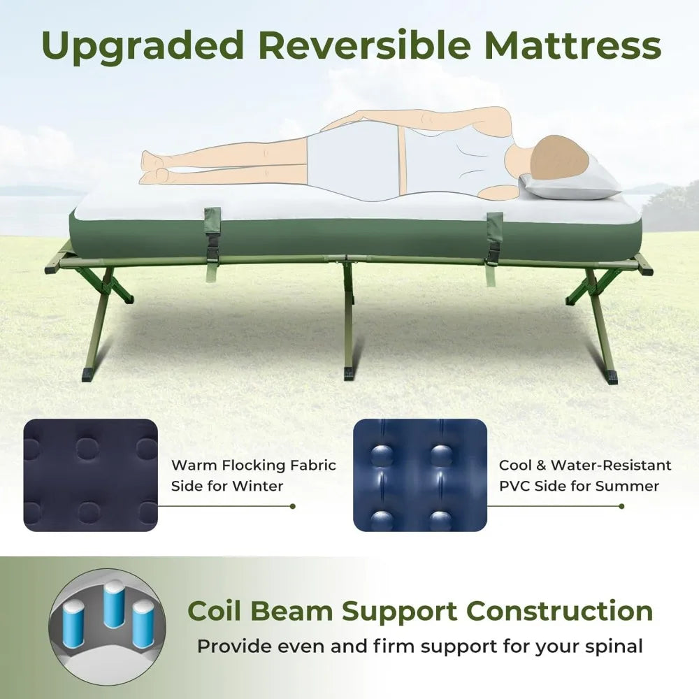 Raised Camping Cot - 5 in 1 Off Ground Elevated with Air Mattress, Sleeping Bag & Pillow,