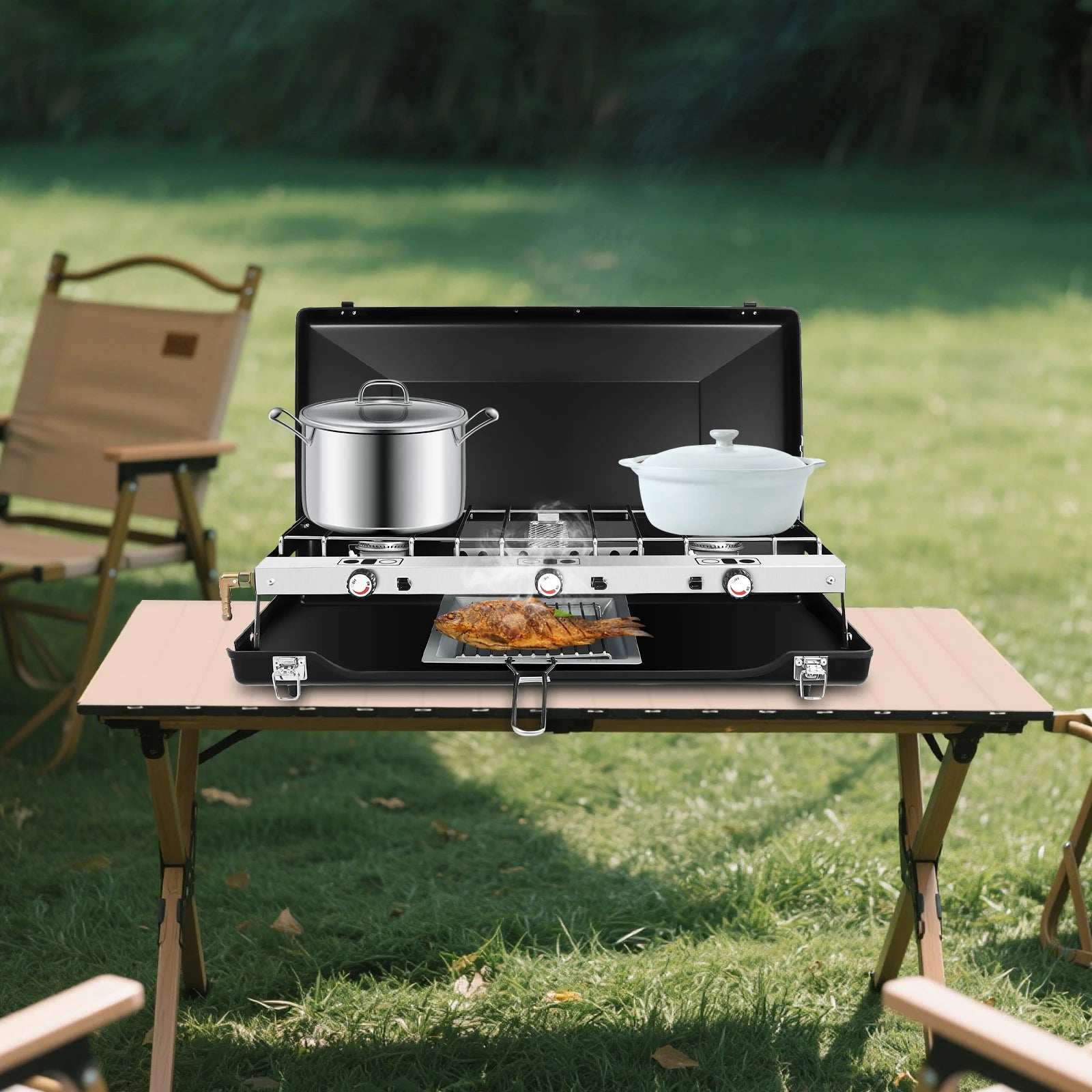 Portable Tabletop Rectangular Cold-rolled Sheet 3-Burner Gas Camping Cooking Stove Piezo Ignition for Outdoor Hiking