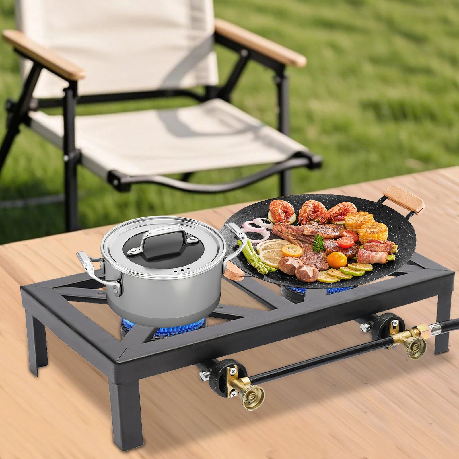 Portable Double Burner Outdoor Gas Stove Propane Cooker with Adjustable 0-10Psi Regulator Hose for Patio Camping,