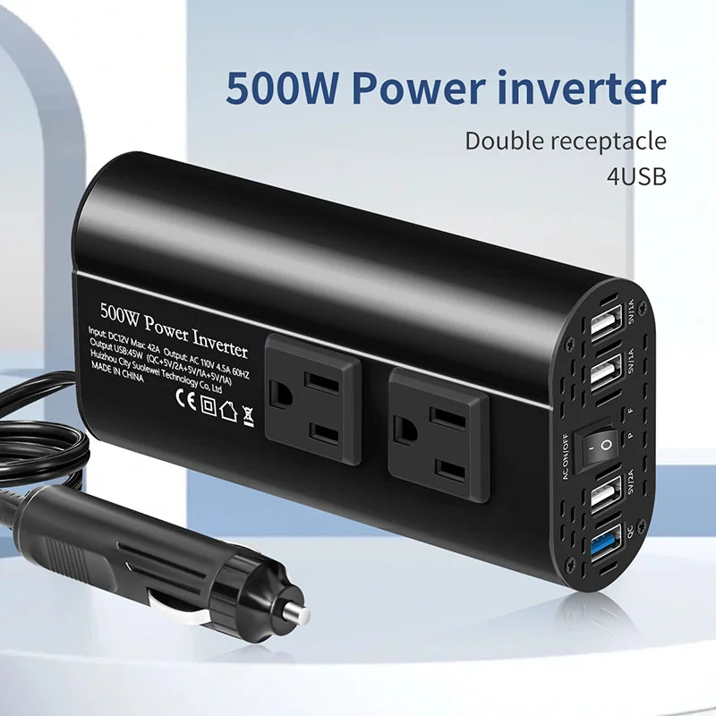 500W Double receptacle 4USB  Modified Frequency Inverter DC12V To AC 110V Ports Car Adapter Portable Inverter