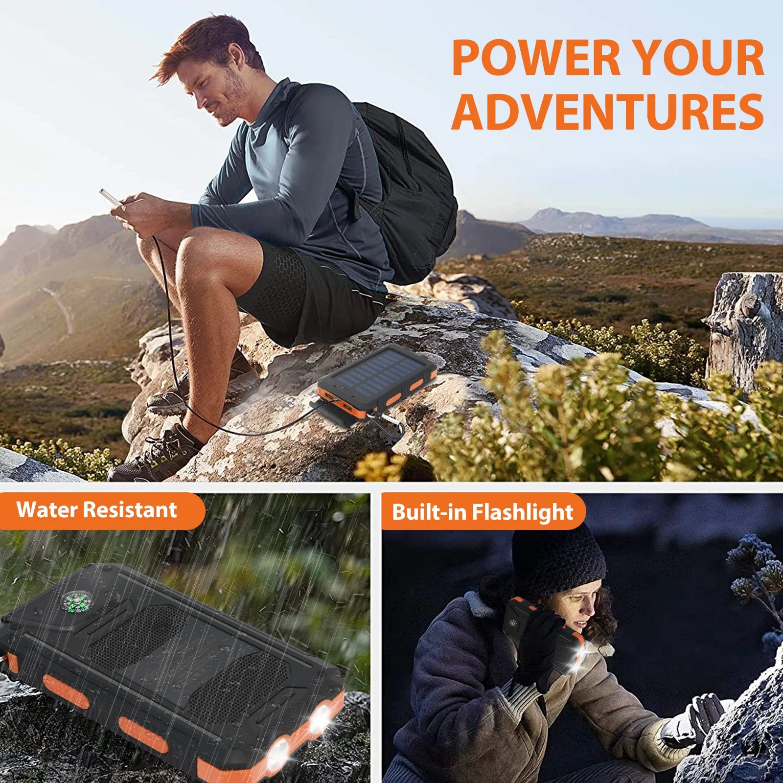 20000mAh Solar Power Bank Portable Solar Charger Waterproof Dual 5V USB Ports 2 LED Lights