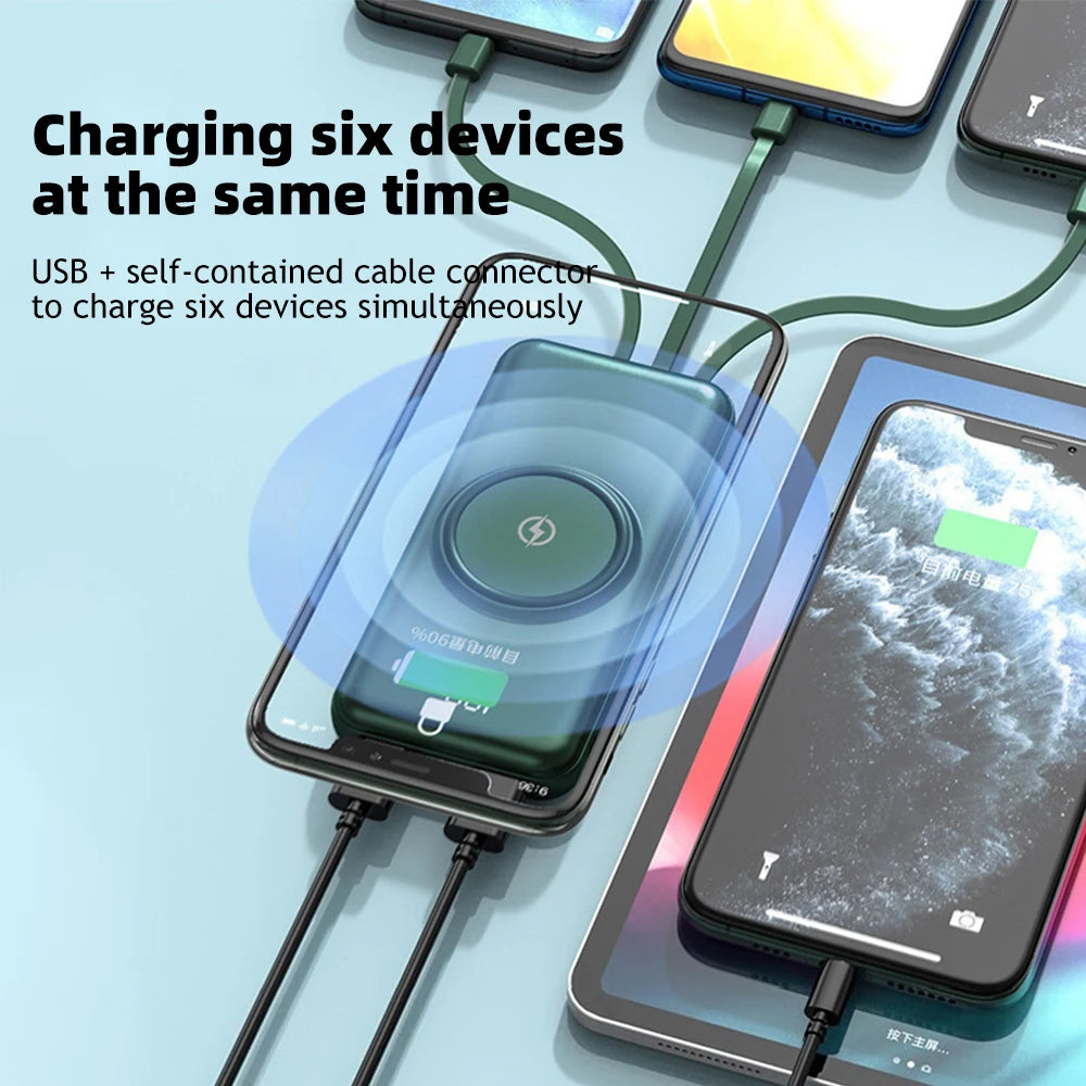 20000mAh Wireless Power Bank Fast Charging Built-in Quad Power Cable Mobile Phone Charger For Iphone 13 14 15 Xiaomi Samsung