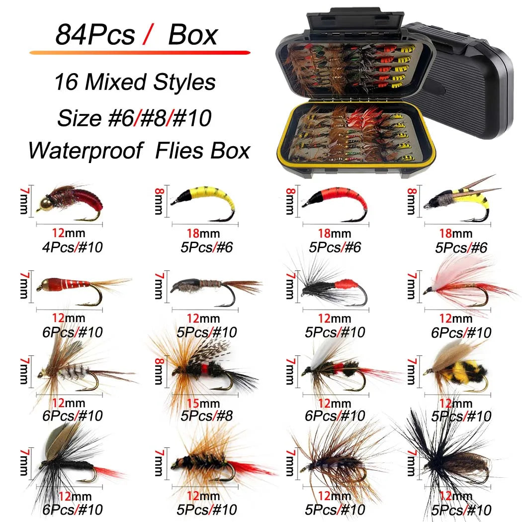 24/40/84/114pcs with Dry/Wet Flies Fly Fishing Flies Kit Fly Assortment Trout Bass Fishing with Fly Box