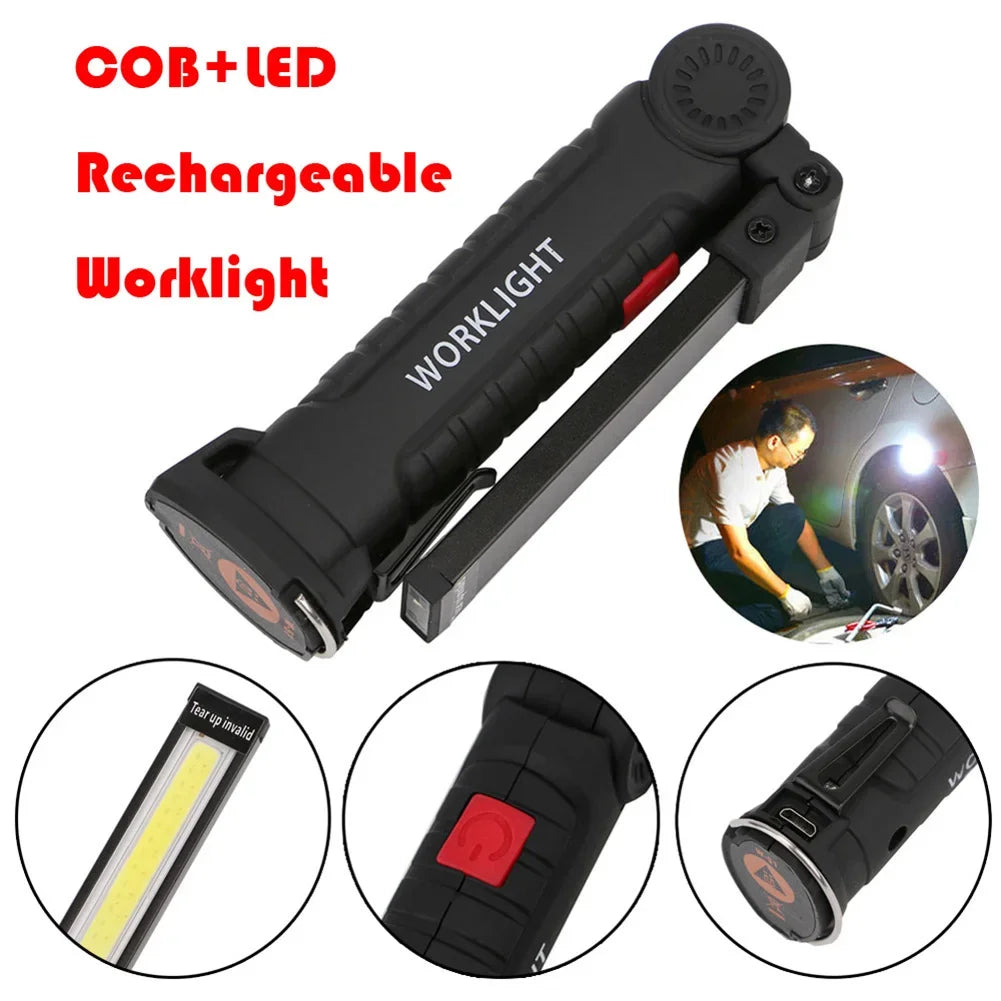 Portable COB High Power LED Flashlight USB Rechargeable Camping Lamp Torch Car Repairing Work Light Hanging Hook Magnet 5 Modes