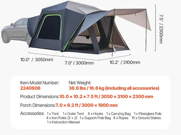 SUV Tent for Camping Waterproof Spacious Double Layer with Shade Awning , Mesh Windows